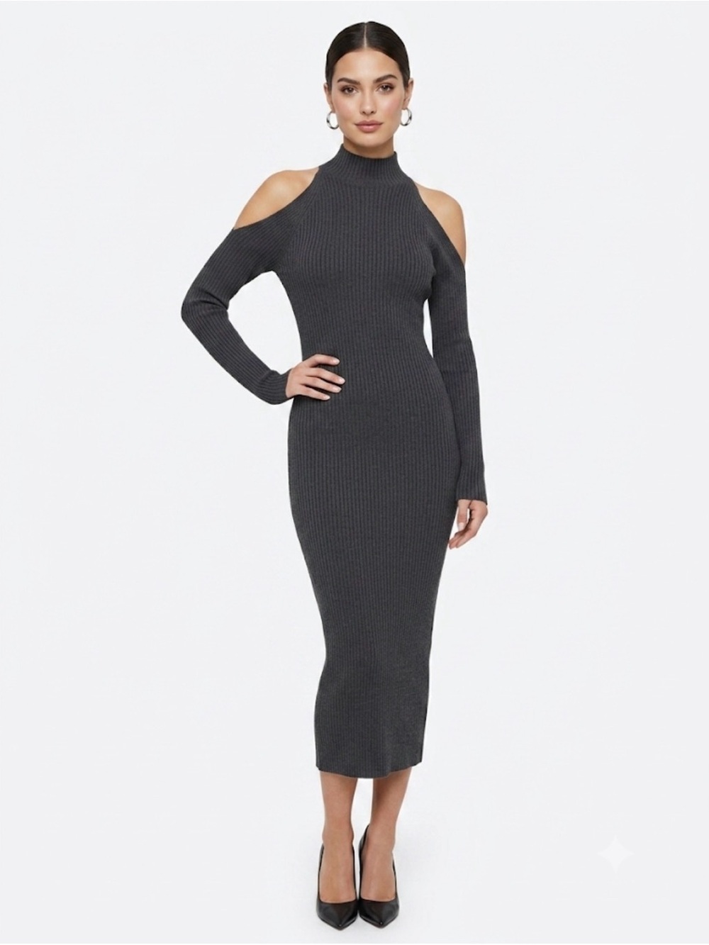 ASTR The Label Charcoal Ribbed Cold Shoulder Maxi Dress Size M